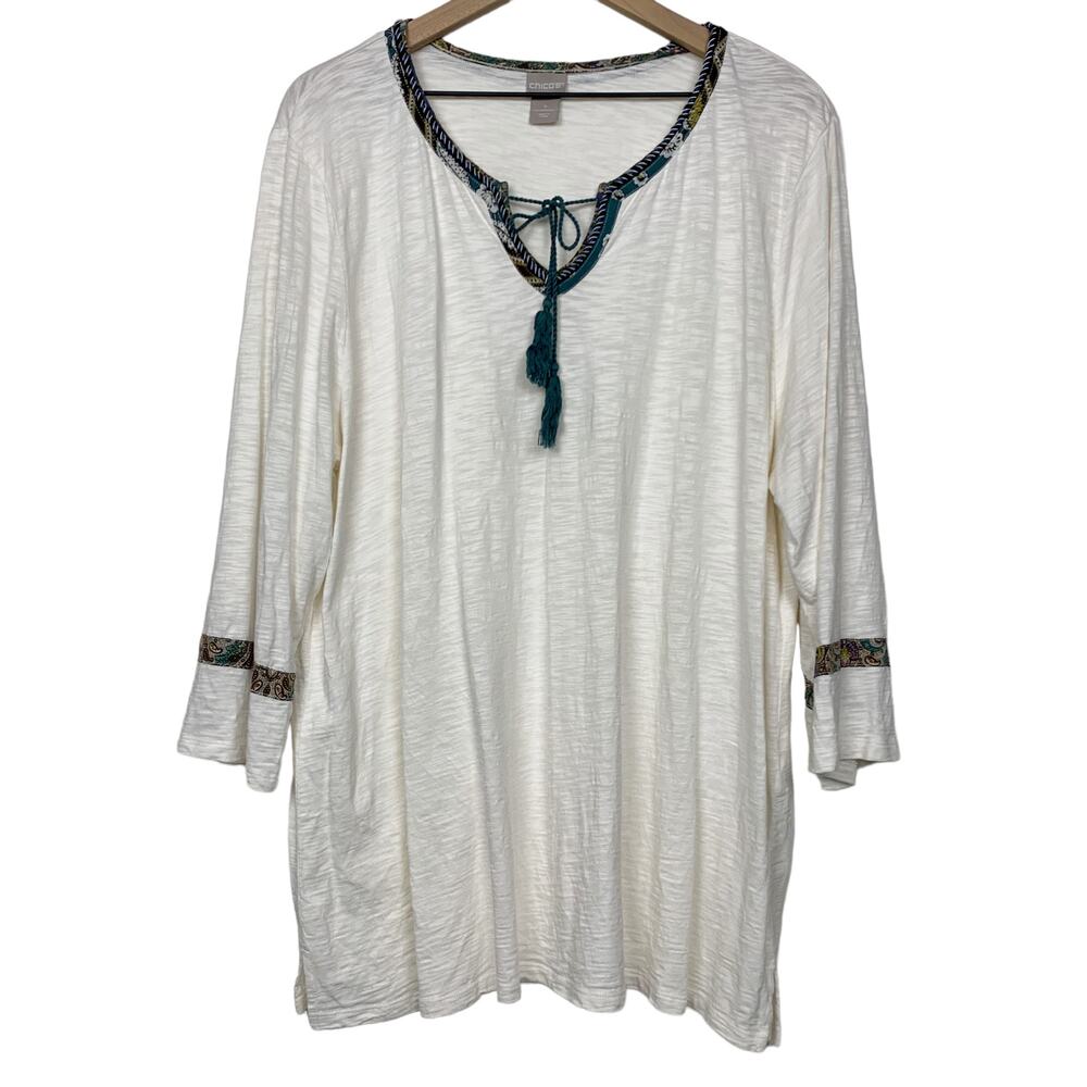 Chico's Tunic Top Size 4 3/4 Sleeve Tie Neck Tassel XXL Ecru Boho Cream Modal